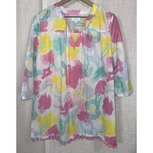 Mudpie Watercolor Women's Sz S Pom Trim 3/4 Sleeve Cotton Swim Coverup